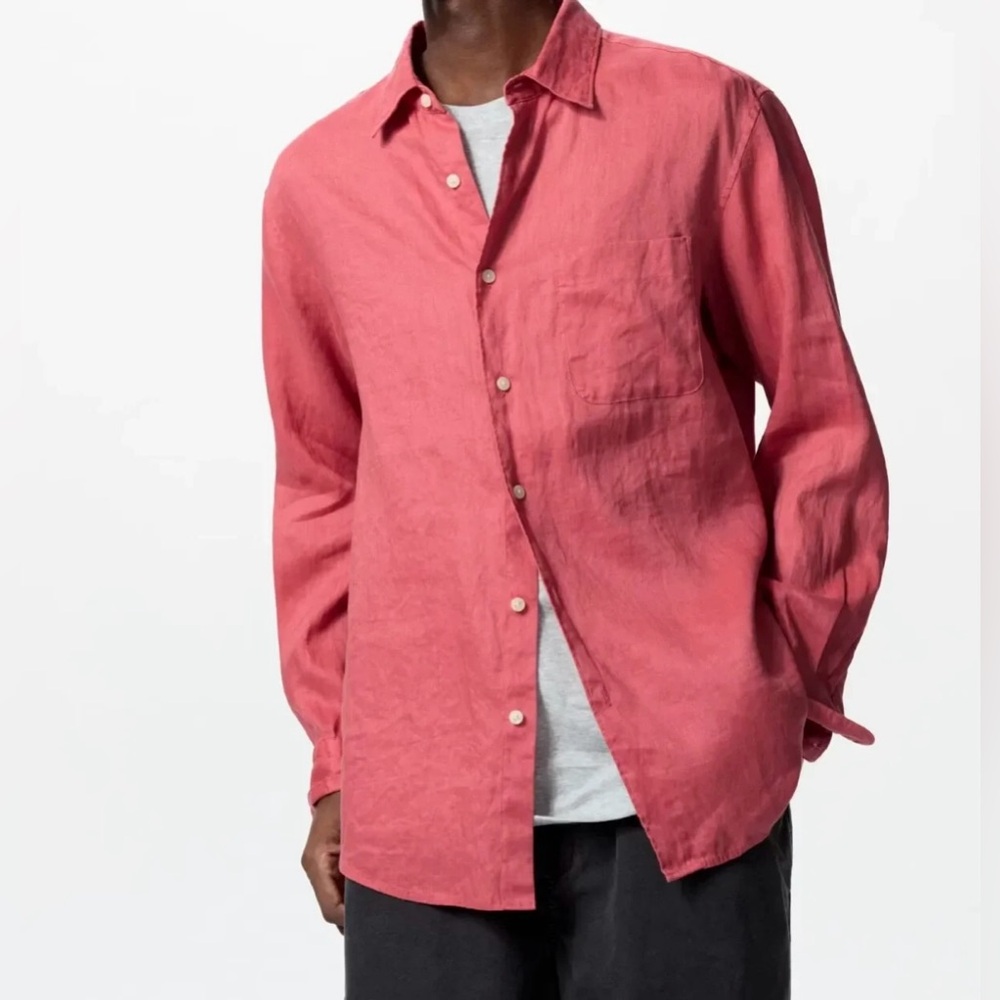 NWT Uniqlo Mens Long Sleeve Premium Linen Shirt Red Size L Button Up
